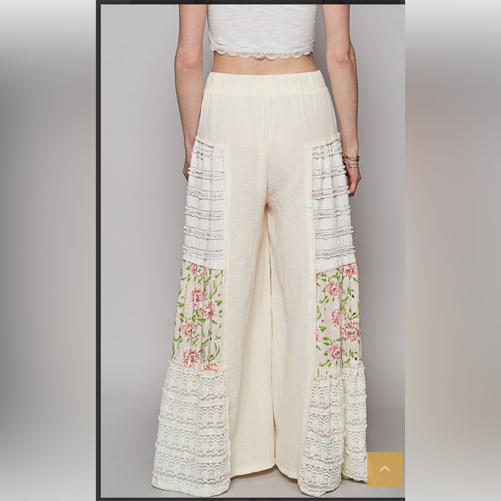 P6068 (POL) MATCHING PANTS —Floral Patchwork Cream Lace Crochet Pants - Picture 2 of 3